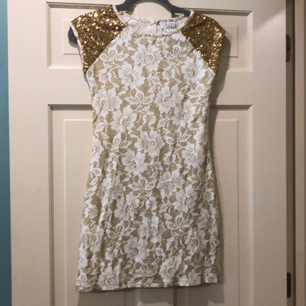 Girls Gold and White Lace Dress